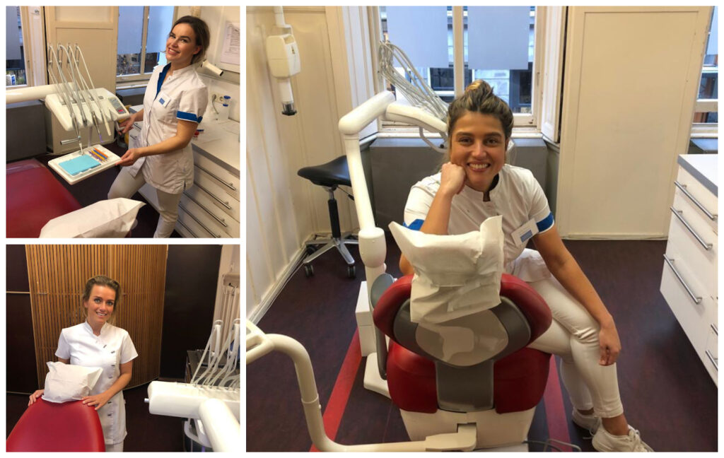 Collage van mondhygiënisten die tandvlees behandelen in de praktijk en poseren voor de foto